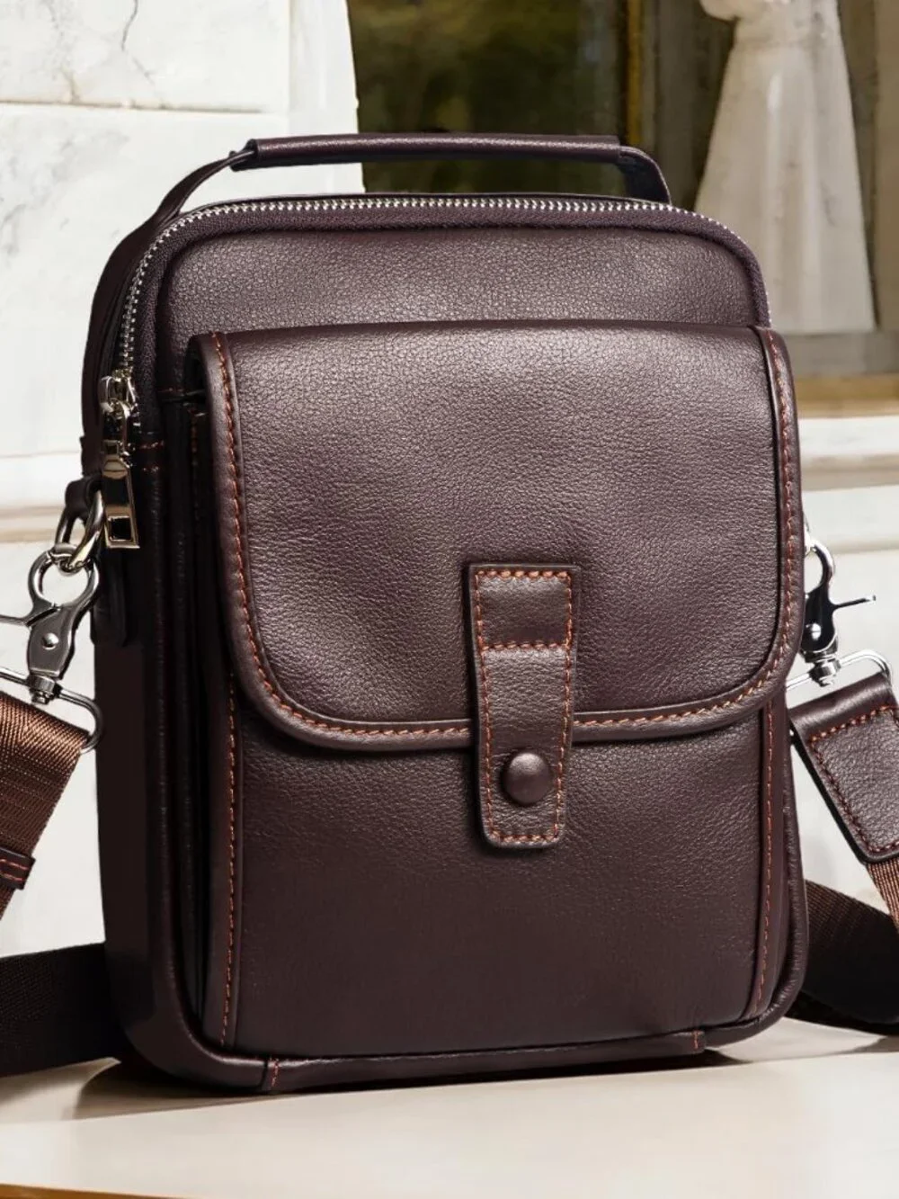 Men's Dark Brown Leather Shoulder Sling Travel Crossbody Magnetic Buckle Bag